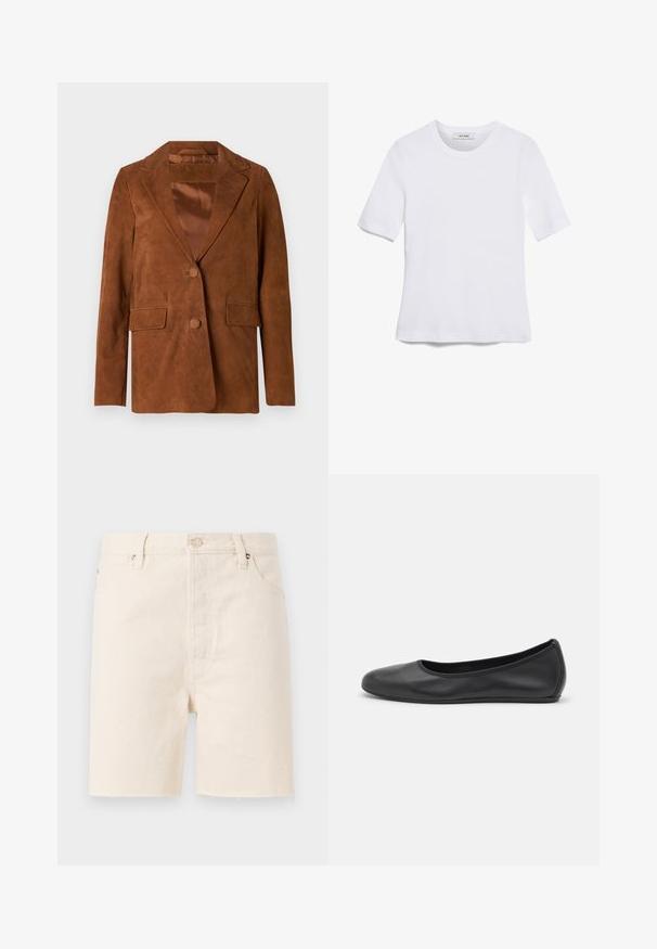 Blazer in camoscio marrone con rever a punta, due tasche frontali, chiusura con un bottone e foderato in satin liscio.; T-shirt bianca a maniche corte realizzata in tessuto a costine. Collo rotondo, vestibilità regolare e dettagli di cucitura sottili. Senza motivi o grafiche.; Shorts in denim beige con taglio dritto, dotati di chiusura con bottone, passanti per cintura e orlo sfrangiato. Design a cinque tasche.; Pantofole da balletto nere in pelle con punta arrotondata, texture liscia, dettagli di cucitura minimi e design con suola flessibile.