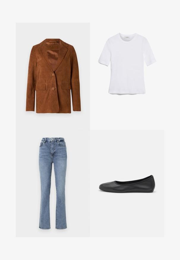 Smeđi antilop sako s izrezanom reverom, dva prednja džepa, zatvaranje na jedno dugme i glatka satenska podstava.; Bijela majica s kratkim rukavima izrađena od rebraste tkanine. Okrugli izrez, klasičan kroj i suptilni detalji šivanja. Bez uzoraka ili grafika.; Visokotoplje plave traperice s ravnim nogavicama, koje imaju klasičan stil s pet džepova i suptilne naglaske šavova.; Crne kožne baletanke s zaobljenim vrhom, glatke teksture, minimalnim detaljima šavova i fleksibilnim dizajnom potplata.