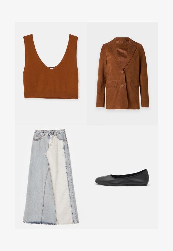 Ruskea mokkanahkablazer, jossa on lovetettu kaulus, kaksi etutaskua, yksittäinen nappikiinnitys ja sileä satiinivuori.; Ruskohvainen neulottu bralette, jossa on syvä V-muoto, leveät hihnat ja tiukka vyötäröosa. Sileä tekstuuri ilman ylimääräisiä kuvioita.; Hame denim, joka esittelee tilkkutyösuunnittelua vaaleansinisistä ja keskisinisistä osista, repaleisilla helmillä ja korkealla vyötäröllä. Klassinen viisi-taskuinen tyyli.; Musta nahkainen ballerina, jossa on pyöristetty kärki, sileä pinta, minimaalinen ommelkoristelu ja joustava pohjamuotoilu.