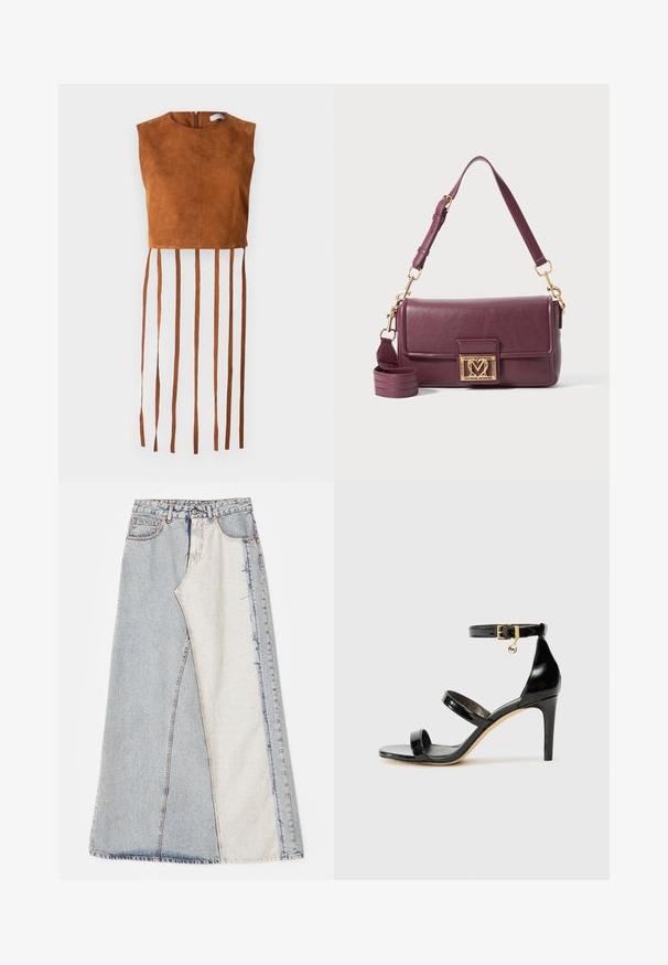 Rudas zomšinis švarkas su įpjautomis apykaklėmis, dviem priekinėmis kišenėmis, vienu mygtuko uždarymu ir lygiu satino pamušalu.; Rudas zomšos apgriezts topiņš sugas apļveida kakla izgriezumu un aizmugurē vieto zippers, ar garām vertikālām frēzēm apakšmalā.; Džinsinė sijonas su lokščių raštu, įskaitant šviesiai ir vidutiniškai mėlynus skyrius, suplėšytais kraštais ir aukšta juosmens linija. Klasikinis penkių kišenių stilius.; Juodas patentuotas odinis sandalai su trimis diržais, kulkšnies sagtimi ir 4 colių stiletto kulnu. Yra aukso detalės ir logotipo žavesys.; Tamsiai violetinė odinė peties kuprinė su auksiniu širdies formos užsegimu ir reguliuojamu viršutiniu dirželiu ant baltos fono.