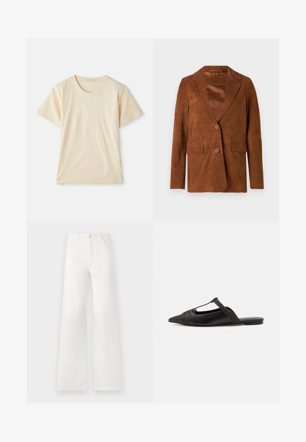 Blazer in camoscio marrone con rever a punta, due tasche frontali, chiusura con un bottone e foderato in satin liscio.; T-shirt color crema realizzato in cotone morbido e leggero, con maniche corte e scollo rotondo. Senza motivi o accenti visibili.; Jeans bianchi a vita alta e gamba larga realizzati in denim. Presentano una chiusura con bottone, due tasche anteriori e cuciture decorative nei lati.; Scarpa slingback in pelle nera con punta appuntita, con un dettaglio intrecciato e un design superiore plissettato. Suola piatta con hardware minimale.