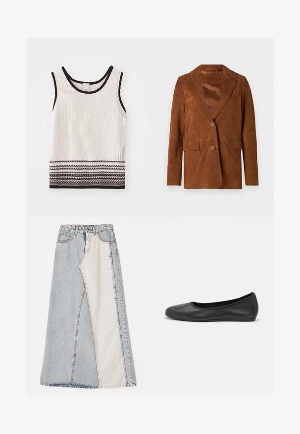 Brauner Wildlederblazer mit Reverskragen, zwei Vordertaschen, einer Knopfschließe und glatter Satinfütterung.; Weißes, geripptes Tanktop mit schwarzem Saum und dekorativen horizontalen Streifen am unteren Rand. Der Stoff wirkt strukturiert und figurbetont.; Jeansrock mit einem Patchwork-Design in hell- und mittelblauen Abschnitten, ausgefransten Säumen und hoher Taille. Klassischer Fünf-Taschen-Stil.; Schwarze Leder-Ballettschuhe mit abgerundeter Spitze, glatter Textur, minimalen Nähdetails und einem flexiblen Sohlen-Design.