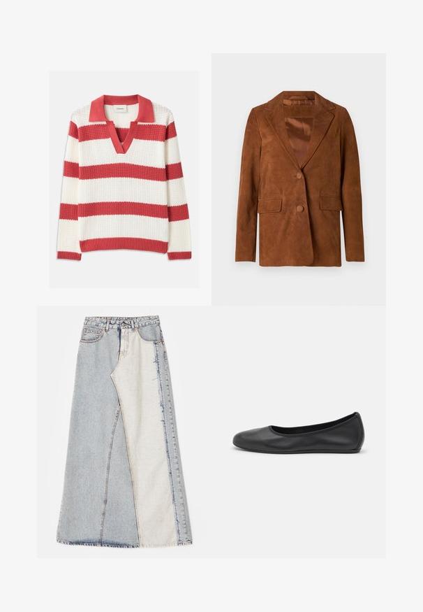 Pruun nubukist bleiser, millel on nurgeline klapp, kaks esist taskut, ühekordne nööbiriiv ja sile satenvooder.; Punane ja valge triibuline kõrvitsasvooluga kootud sodeer, millel on V-kaelus ja krae. Tekstuuriga kangas, kus on laiad horisontaalsed triibud ja soonikserv.; Denim seelik, millel on patšitud disain, kus on heledad ja keskmise sinise tooni sektsioonid, rebenenud servad ja kõrge vöökoht. Klassikaline viie taskuga stiil.; Musthave mustika tantsutossud mustast nahast, ümmarguse varbaga, siledast tekstuurist, minimaalse õmblusdetailiga ja paindliku tallakujundusega.