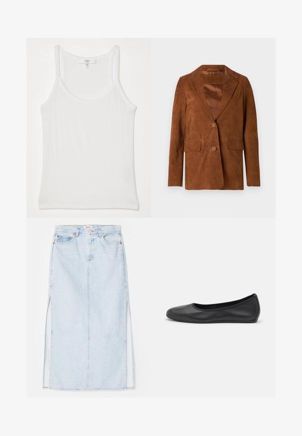 Blazer de ante marrón con solapa muesca, dos bolsillos frontales, cierre de un solo botón y forro de satén suave.; Camiseta sin mangas blanca hecha de un suave tejido acanalado; presenta tirantes finos y un escote redondo, la etiqueta dice "FRAME."; Falda maxi de mezclilla azul claro con corte recto, que presenta aberturas laterales y diseño de cinco bolsillos. Costuras prominentes y cierre de botón metálico.; Bailarina de piel negra con punta redondeada, textura suave, detalle de costura minimalista y diseño de suela flexible.