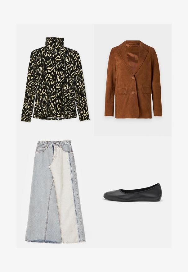 Blazer in camoscio marrone con rever a punta, due tasche frontali, chiusura con un bottone e foderato in satin liscio.; Maglietta a maniche lunghe con motivo nero e crema, dotata di un alto colletto, realizzata in un tessuto liscio e stretch con un design astratto ondulato.; Gonna in denim con design patchwork, sezioni di blu chiaro e medio, orli sfilacciati e vita alta. Stile classico a cinque tasche.; Pantofole da balletto nere in pelle con punta arrotondata, texture liscia, dettagli di cucitura minimi e design con suola flessibile.