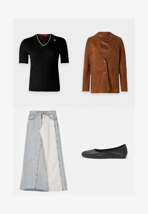Brūns zamša žakets ar iedobētu apkakli, divām priekšējām kabatām, vienu pogu aizdari un gludu satīna odere.; MAX&Co. REGIA - Pamata T-krekls - schwarz; Džinsu svārki ar aplicējumu dizainu, kas sastāv no gaiši un vidēji zilo daļu, ar nodilušiem malām un augsto jostu. Klasiskā piecu kabatu stilā.; Melna ādas baleta kurpe ar noapaļotu purngalu, gludu tekstūru, minimālu šuvju detalizāciju un elastīgu zoles dizainu.