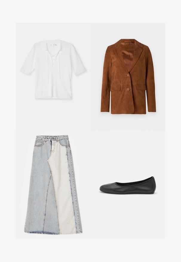 Blazer in camoscio marrone con rever a punta, due tasche frontali, chiusura con un bottone e foderato in satin liscio.; FRAME LACE UP - T-shirt basic - off white; Gonna in denim con design patchwork, sezioni di blu chiaro e medio, orli sfilacciati e vita alta. Stile classico a cinque tasche.; Pantofole da balletto nere in pelle con punta arrotondata, texture liscia, dettagli di cucitura minimi e design con suola flessibile.