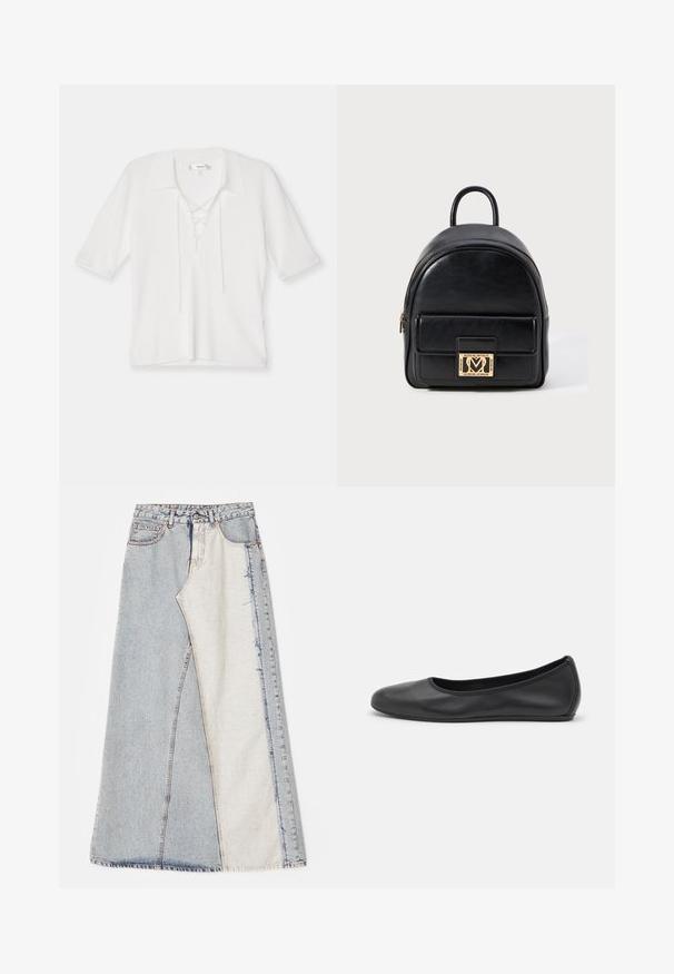 Brauner Wildlederblazer mit Reverskragen, zwei Vordertaschen, einer Knopfschließe und glatter Satinfütterung.; FRAME LACE UP - T-Shirt basic - off white; Jeansrock mit einem Patchwork-Design in hell- und mittelblauen Abschnitten, ausgefransten Säumen und hoher Taille. Klassischer Fünf-Taschen-Stil.; Schwarze Leder-Ballettschuhe mit abgerundeter Spitze, glatter Textur, minimalen Nähdetails und einem flexiblen Sohlen-Design.; Schwarzer Leder-Mini-Rucksack mit vorderer Reißverschlusstasche und goldfarbener Love Moschino Logo-Plakette auf weißem Hintergrund.