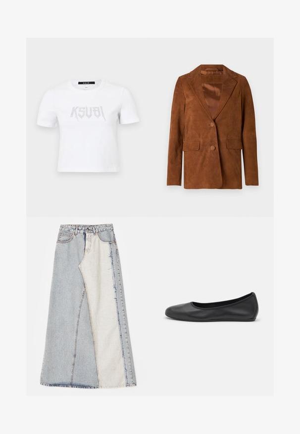 Ruskea mokkanahkablazer, jossa on lovetettu kaulus, kaksi etutaskua, yksittäinen nappikiinnitys ja sileä satiinivuori.; Valkoinen lyhythihainen T-paita, joka on valmistettu puuvillasta ja jossa on hopeinen niitattu logomerkintä edessä. Yksinkertainen pyöreä kaula-aukko ja rento leikkaus.; Hame denim, joka esittelee tilkkutyösuunnittelua vaaleansinisistä ja keskisinisistä osista, repaleisilla helmillä ja korkealla vyötäröllä. Klassinen viisi-taskuinen tyyli.; Musta nahkainen ballerina, jossa on pyöristetty kärki, sileä pinta, minimaalinen ommelkoristelu ja joustava pohjamuotoilu.