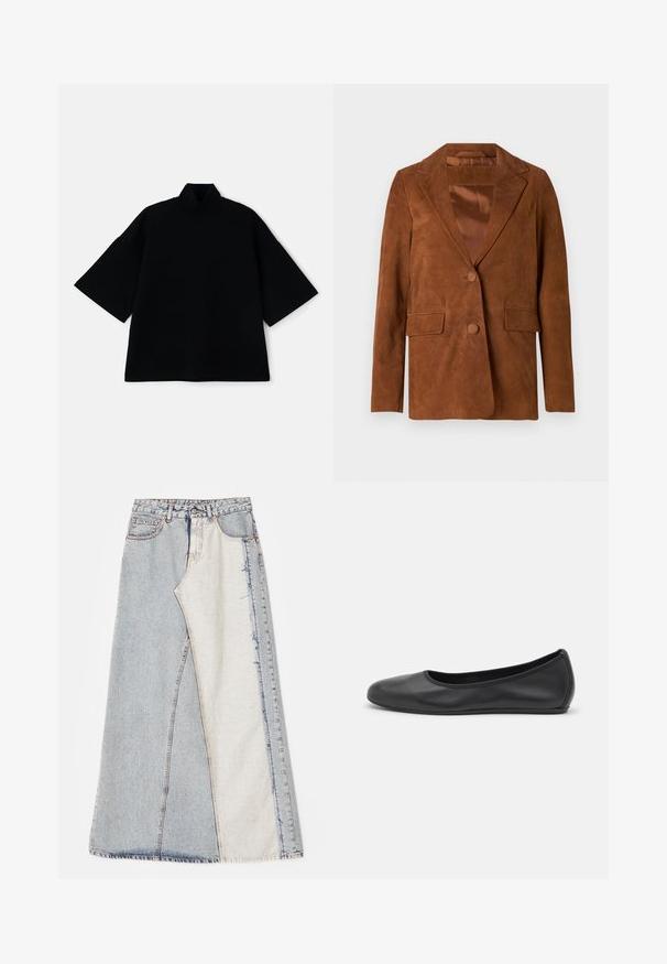 Blazer din suede maro cu rever ascuțit, două buzunare frontale, închidere cu un singur buton și căptușeală netedă din satin.; Top negru, cu croială lejeră, cu mâneci scurte și late și un guler tip mock. Materialul pare moale, având o textură catifelată.; Fustă din denim cu un design patchwork, având secțiuni de albastru deschis și mediu, margini desfăcute și talie înaltă. Stil clasic cu cinci buzunare.; Balerini din piele neagră, cu vârf rotund, textură netedă, detalii de cusătură minimale și un design al tălpii flexibil.