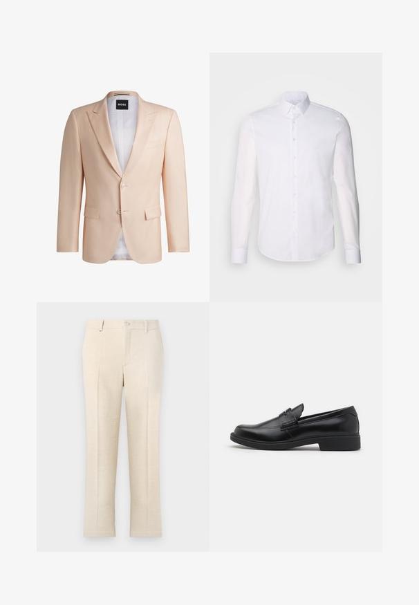 Jacket iz lahke breskevne barve, izdelan iz gladkega materiala. Ima zarezne reverje, dve sprednji gumb in dve sprednji žep. Vidna bela podloga.; Bela srajca z dolgimi rokavi in gumbom, izdelana iz bombaža, z klasičnim ovratnikom, sprednjimi gumbi in minimalnimi šivi.; Bež hlače po meri iz teksturirane tkanine, opremljene z zadrgo, dvema sprednjima žepe in vitkim, ravnim krojem.; Črne usnjene loferice z zaobljenim nosom, dvignjenim šivanjem na vampu in ravnim gumijastim podplatom. Gladka površina, klasična zasnova.