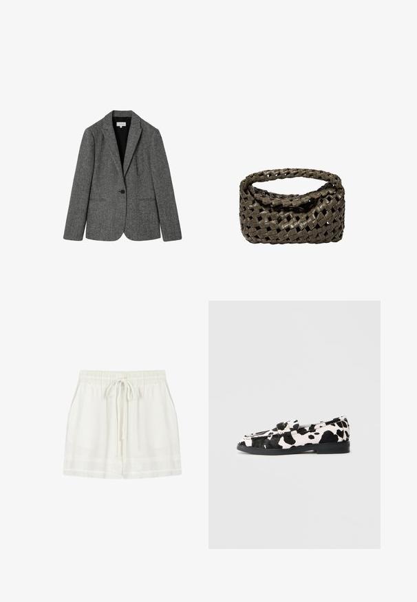 Grau melierter Wollmix-Blazer mit Reverskragen, einem Knopfverschluss und zwei vorderen Taschen. Strukturierter Stoff mit dezentem Muster.; Langärmliges Rollkragenoberteil in Creme, aus leichtem Stoff mit glatter Textur; zeichnet sich durch eine figurbetonte Silhouette und geraffte Saumdetails aus.; Weiß, leichte Shorts aus knitterfreiem Stoff. Elastischer Bund mit Kordelzug, Seitentaschen und lockerer Passform.; Schwarz-weiße Kuhflecken-Lederschuhe mit flacher Gummisohle, ausgestattet mit einer glatten Oberfläche und abgerundetem Zehendesign. Verstellbare Riemenakzente im oberen Bereich.; Gewebte Handtasche aus dunkelolivgrünem Leder, mit einem runden Oberhandgriff und einer weichen, strukturierten Oberfläche im Hobo-Stil.; Silberne Creolen mit polierter Oberfläche, die eine kreisförmige Form und einen Schwenkverschluss aufweisen, und dabei ein elegantes und minimalistisches Design betonen.