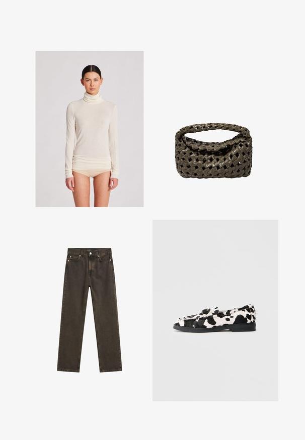 Grau melierter Wollmix-Blazer mit Reverskragen, einem Knopfverschluss und zwei vorderen Taschen. Strukturierter Stoff mit dezentem Muster.; Langärmliges Rollkragenoberteil in Creme, aus leichtem Stoff mit glatter Textur; zeichnet sich durch eine figurbetonte Silhouette und geraffte Saumdetails aus.; Dunkelbraune gerade geschnittene Jeans aus Denim mit einem klassischen Fünf-Taschen-Design, metallischen Beschlägen und sichtbaren Nähdetails.; Schwarz-weiße Kuhflecken-Lederschuhe mit flacher Gummisohle, ausgestattet mit einer glatten Oberfläche und abgerundetem Zehendesign. Verstellbare Riemenakzente im oberen Bereich.; Gewebte Handtasche aus dunkelolivgrünem Leder, mit einem runden Oberhandgriff und einer weichen, strukturierten Oberfläche im Hobo-Stil.; Silberne Creolen mit polierter Oberfläche, die eine kreisförmige Form und einen Schwenkverschluss aufweisen, und dabei ein elegantes und minimalistisches Design betonen.