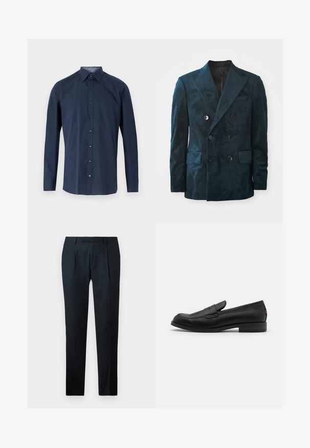 Blazer double boutonnage en vert profond, fabriqué en velours doux. Il présente un col en pointe, deux poches avant et six boutons sur le devant.; Chemise à manches longues bleu marine avec un devant à boutons, un col classique et un motif à l'intérieur du col. Texture lisse, coupe ajustée.; Pantalon noir sur mesure en tissu lisse, présentant un design slim fit, deux plis avant et une taille plate sans matériel visible.; Mocassins en cuir noir avec une finition lisse, un bout arrondi et une petite flèche décorative. Dotés d'un petit talon empilé et d'un détail de marque subtil.