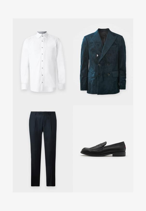 Double-breasted blazer in deep teal, made of soft velvet. Features a peak lapel, two front pockets, and six buttons on the front.; White dress shirt with long sleeves, button-down front, pointed collar, and smooth texture. Features six buttons and cuffed sleeves.; Black tailored pants made of smooth fabric, featuring a slim fit design, two front pleats, and a flat waistband without visible hardware.; Black leather loafers with a smooth finish, rounded toe, and a small decorative flap. Features a low stacked heel and subtle branding detail.