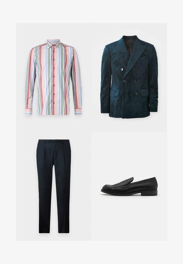 Double-breasted blazer in deep teal, made of soft velvet. Features a peak lapel, two front pockets, and six buttons on the front.; Button-up shirt featuring vertical stripes in multiple colors: red, green, blue, and white. Long sleeves and standard collar design.; Black tailored pants made of smooth fabric, featuring a slim fit design, two front pleats, and a flat waistband without visible hardware.; Black leather loafers with a smooth finish, rounded toe, and a small decorative flap. Features a low stacked heel and subtle branding detail.