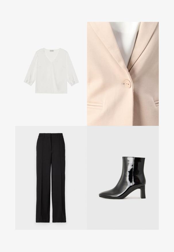 Beige Blazer mit einem einzelnen Knopfverschluss, Reverskragen und zwei Vordertaschen mit subtilen Stickdetails. Glatte Textur.; Weiße Bluse mit langen Ärmeln, die einen tiefen V-Ausschnitt, einen weichen, satinartigen Stoff und geraffte Ärmelsäume für eine lässige Passform aufweist.; Schwarze Hose mit geradem Bein, ausgestattet mit zwei vorderen Falten, einem Bund und ohne sichtbare Taschen oder Verzierungen.; Schwarzer Lackleder-Stiefelette mit spitzer Zehe und einem mittelhohen Blockabsatz. Glatte Textur und minimalistisches Design.