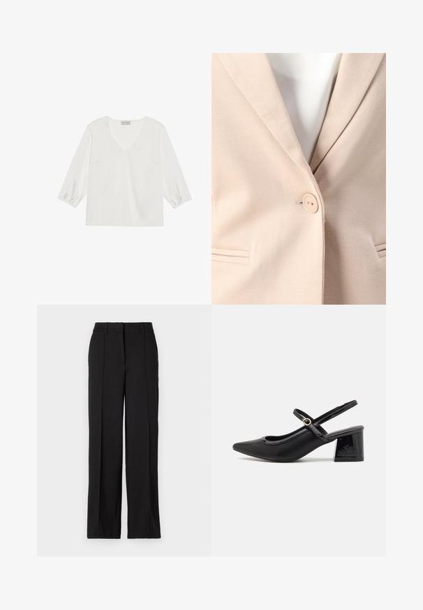 Beige blazer med en enkelt knaplukning, notch lapeller og to frontlommer med subtile stikningsdetaljer. Glat tekstur.; Hvid langærmet bluse med dyb V-hals, blødt satinlignende materiale og samlede ærmekanter for en afslappet pasform.; Sorte bukser med en lige ben design, der har to forreste folder, en talje og ingen synlige lommer eller dekorative elementer.; Sorte patentlæder slingback hæle med spids tå, rund udskæring og blokhæl. Har en guldtonet spændeaccents.