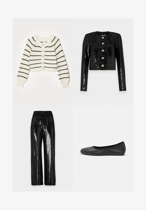 Schwarze, taillierte Jacke aus Paillettentuch mit langen Ärmeln, runder Ausschnitt und fünf goldenen Knöpfen entlang der Vorderseite.; Cremfarbener Cardigan mit dunklen grünen Streifen, gestrickter Textur, verkürztem Design, rundem Ausschnitt und fünf Knöpfen vorne.; Schwarzes, geripptes Tanktop mit einem Schulterdesign, tailliert und aus einem weichen Material gefertigt. Es hat einen klaren, minimalistischen Schnitt und einen glatten Halsausschnitt.; Schwarze Pailletten-Hosen mit weitem Bein und elastischem Bund mit Kordelzug. Der Stoff hat eine reflektierende, glänzende Textur.; Schwarze Leder-Ballettschuhe mit abgerundeter Spitze, glatter Textur, minimalen Nähdetails und einem flexiblen Sohlen-Design.