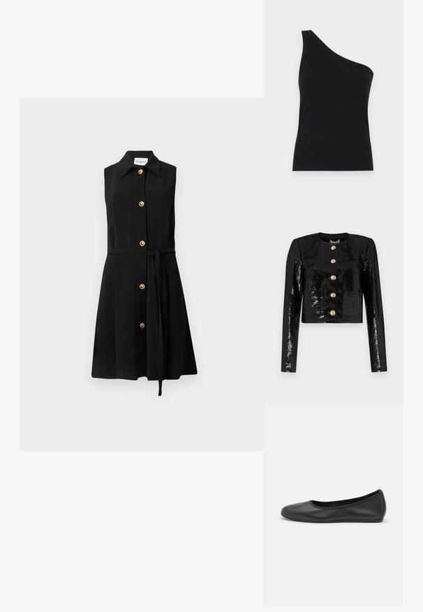 Sort cropped jakke lavet af pailletstof, med lange ærmer, rund halsudskæring og fem guldknapper foran.; Sort ærmeløs kjole med krave, guldknapdetaljer foran og et stofbælte i taljen. Glat tekstur og A-formet snit.; Løsningstanktop med en skulder i sort ribbet stof, der har et tætsiddende design og blød tekstur. Har en ren, minimalistisk skæring og en glat halsudskæring.; Sort læderballetsko med rund tå, glat tekstur, minimal syning og et fleksibelt såldesign.