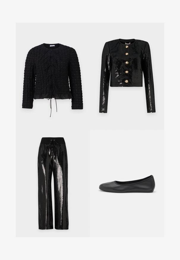 Černá zkrácená bunda z flitrového materiálu, s dlouhými rukávy, kulatým výstřihem a pěti zlatými knoflíky vpředu.; Hofmann Copenhagen MAVI - Blůza - black; Černé flitrové kalhoty s širokým střihem a elastickým pasem s tkaničkou. Tkanina má odrazivou, lesklou texturu.; Černé kožené baletní byty s kulatou špičkou, hladkou texturou, minimálními švy a flexibilním designem podrážky.