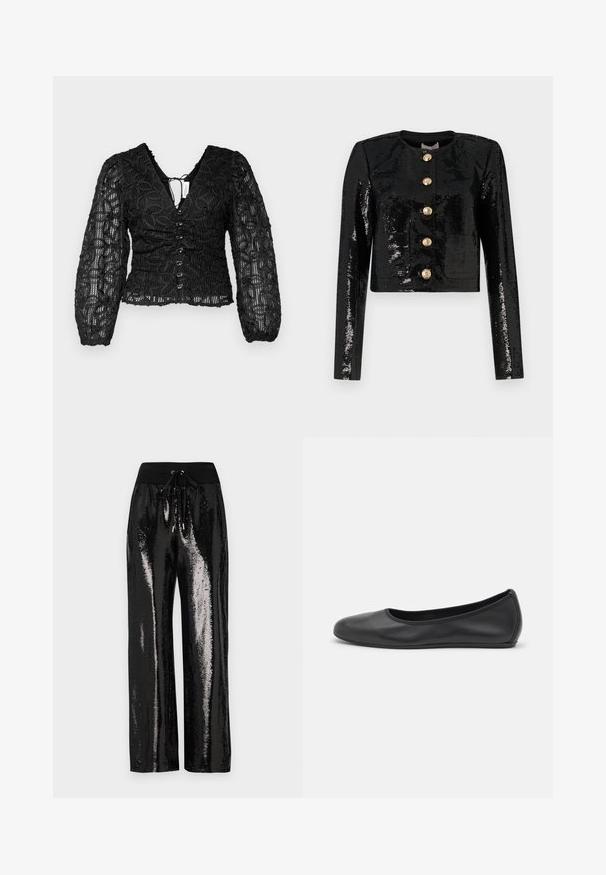 Černá zkrácená bunda z flitrového materiálu, s dlouhými rukávy, kulatým výstřihem a pěti zlatými knoflíky vpředu.; Hofmann Copenhagen JULY TOP - Blůza - black; Černé flitrové kalhoty s širokým střihem a elastickým pasem s tkaničkou. Tkanina má odrazivou, lesklou texturu.; Černé kožené baletní byty s kulatou špičkou, hladkou texturou, minimálními švy a flexibilním designem podrážky.