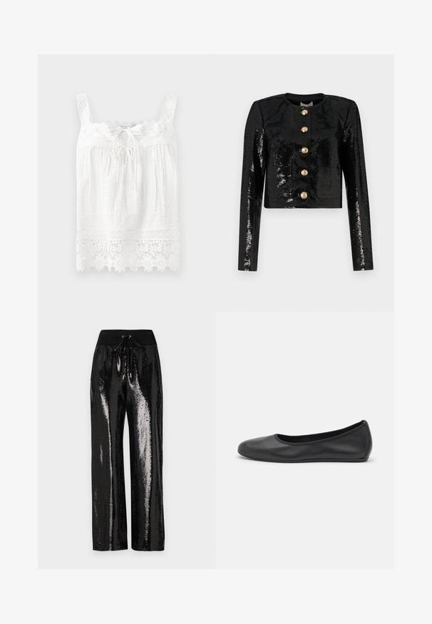 Black cropped jacket made of sequin fabric, featuring long sleeves, a round neckline, and five gold buttons along the front.; White sleeveless top made of textured fabric. Features a lace trim at the neckline and hem, with floral embroidery and a drawstring front.; One-shoulder black ribbed tank top with a fitted design and soft texture. Features a clean, minimal cut and smooth neckline.; Black sequined pants with a wide-leg cut and elastic waistband featuring a drawstring. The fabric has a reflective, shiny texture.; Black leather ballet flat with a rounded toe, smooth texture, minimal stitching detail, and a flexible sole design.