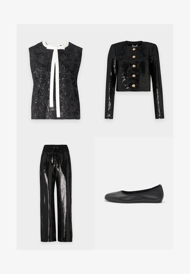 Černá zkrácená bunda z flitrového materiálu, s dlouhými rukávy, kulatým výstřihem a pěti zlatými knoflíky vpředu.; Černý top bez rukávů s texturovaným růžovým vzorem, zdobený flitry, s bílou mašlí u výstřihu.; Černé flitrové kalhoty s širokým střihem a elastickým pasem s tkaničkou. Tkanina má odrazivou, lesklou texturu.; Černé kožené baletní byty s kulatou špičkou, hladkou texturou, minimálními švy a flexibilním designem podrážky.