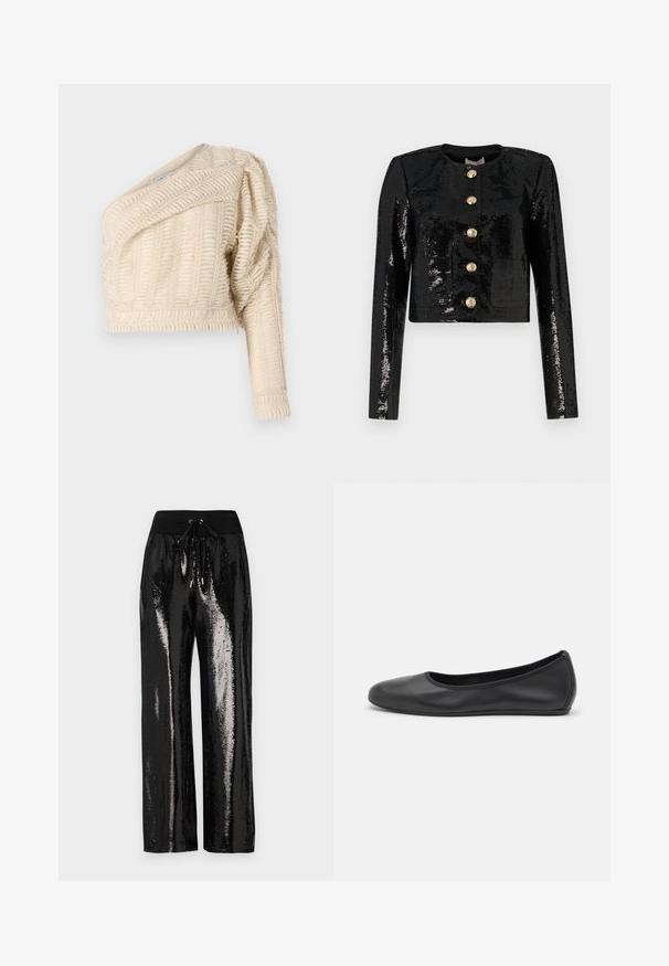 Black cropped jacket made of sequin fabric, featuring long sleeves, a round neckline, and five gold buttons along the front.; Cream textured crop jacket with a diagonal neckline, puffed sleeve, and woven leaf pattern, featuring a ribbed hem.; Black sequined pants with a wide-leg cut and elastic waistband featuring a drawstring. The fabric has a reflective, shiny texture.; Black leather ballet flat with a rounded toe, smooth texture, minimal stitching detail, and a flexible sole design.