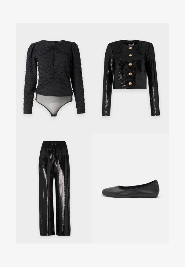 Černá zkrácená bunda z flitrového materiálu, s dlouhými rukávy, kulatým výstřihem a pěti zlatými knoflíky vpředu.; Hofmann Copenhagen EXCLUSIVE ALEXANDRA - Blůza - black; Černé flitrové kalhoty s širokým střihem a elastickým pasem s tkaničkou. Tkanina má odrazivou, lesklou texturu.; Černé kožené baletní byty s kulatou špičkou, hladkou texturou, minimálními švy a flexibilním designem podrážky.