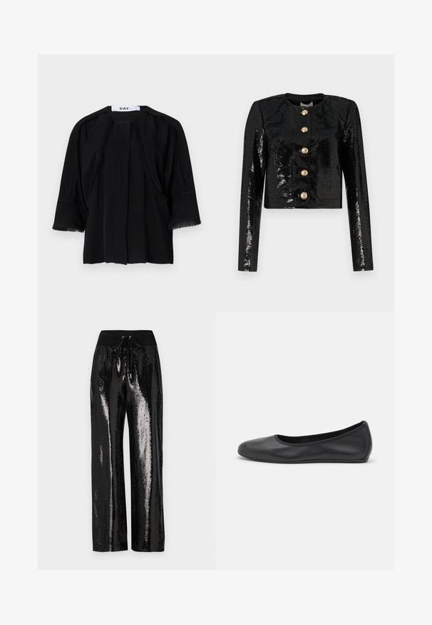 Must have sequins, pikk, must, ndideln . teev Ühesse musta vest, mis on kaetud sädelustega, on pikkade varrukatega, ümar kaelus ning ees viis kuldset nuppu.; Must must värvi lühikeste varrukatega tipp, millel on frantsi detailid õlgadel ja varrukatel. Pehme kude, mugav lõige ja eesmine voldik. Brändi silt: DAY.; Ühe õla must ribakanga tank top, millel on vormikujundus ja pehme tekstuur. Omab puhtat, minimalistlikku lõiget ja sujuvat kaelust.; Mustad sequinsipüksid laia säärte lõikega ja elastse vöökoha, millel on pael. Kanga pind on peegeldav ja läikiv.; Musthave mustika tantsutossud mustast nahast, ümmarguse varbaga, siledast tekstuurist, minimaalse õmblusdetailiga ja paindliku tallakujundusega.