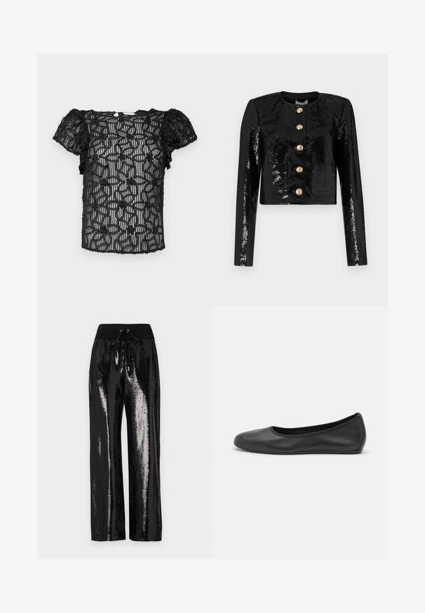 Veste courte noire en tissu à sequins, avec des manches longues, un col rond et cinq boutons dorés sur le devant.; Hofmann Copenhagen CASSIA TOP - Blouse - black; Pantalons en sequins noirs avec une coupe large et une taille élastique dotée d'un cordon de serrage. Le tissu a une texture réfléchissante et brillante.; Ballerines en cuir noir avec un bout rond, texture lisse, détails de couture minimalistes et design de semelle flexible.
