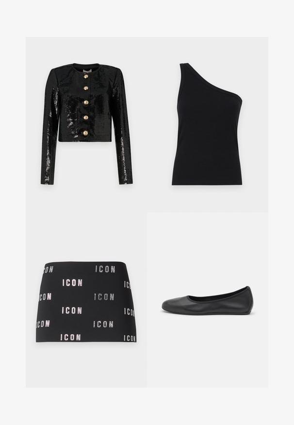 Schwarze, taillierte Jacke aus Paillettentuch mit langen Ärmeln, runder Ausschnitt und fünf goldenen Knöpfen entlang der Vorderseite.; Schwarzes, geripptes Tanktop mit einem Schulterdesign, tailliert und aus einem weichen Material gefertigt. Es hat einen klaren, minimalistischen Schnitt und einen glatten Halsausschnitt.; Schwarzer Minirock mit glitzerndem "ICON"-Text in einem sich wiederholenden Muster über den Stoff, glatte Textur mit tailliertem Design.; Schwarze Leder-Ballettschuhe mit abgerundeter Spitze, glatter Textur, minimalen Nähdetails und einem flexiblen Sohlen-Design.