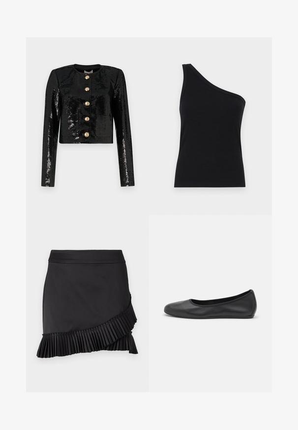 Melnā īsajā jakā, kas izgatavota no pērļu auduma, ir garas piedurknes, apaļa kakla izgriezuma un pieci zelta pogas priekšpusē.; Vienu plecu melns ribots topiņš ar pieguļošu dizainu un mīkstu tekstūru. Iezīmējas ar tīru, minimālu griezumu un gludu apkakli.; Melna svārku svārka ar krokotu apakšmalu, izceļoties ar elegantu dizainu, gludu tekstūru un asimetrisku griezumu gar apakšējo maliņu.; Melna ādas baleta kurpe ar noapaļotu purngalu, gludu tekstūru, minimālu šuvju detalizāciju un elastīgu zoles dizainu.