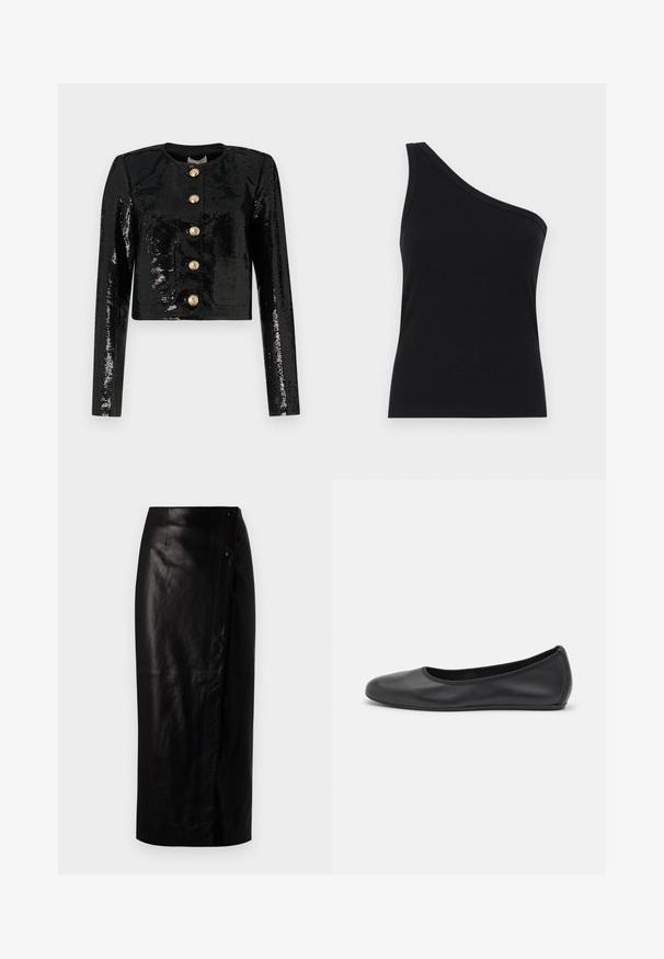 Juodas trumpas švarkas, pagamintas iš blizgučių audinio, su ilgomis rankovėmis, apvaliu kaklu ir penkiomis auksinėmis mygtukais priekyje.; Juosmens juodos spalvos ribotuvas su viena petnešėle, tinkamu dizainu ir minkšta tekstūra. Išskirtinis švarus, minimalistinis kirpimas ir sklandus iškirpimas.; Juoda odinė midi sijonas su surišimo dizainu, turintis šoninius mygtukus, lygią tekstūrą ir tiesią siluetą.; Juodai odiniai baletai su apvaliu pirštu, lygi texture, minimalus siuvimo detales ir lanksčiu padų dizainu.