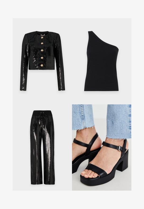 Jachetă cropped neagră din material cu paiete, având mâneci lungi, guler rotund și cinci nasturi aurii pe față.; Top tank din material ribbed, negru, cu un umăr, cu un design ajustat și o textură moale. Prezintă o croială curată și minimă, cu o linie de gât fină.; Pantaloni negri cu paiete, cu croi larg și talie elastică, dotată cu un șnur de ajustare. Materialul are o textură reflectorizantă și strălucitoare.; ALDO CELIE - Sandale cu toc - black