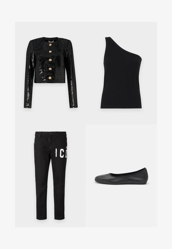 Black cropped jacket made of sequin fabric, featuring long sleeves, a round neckline, and five gold buttons along the front.; One-shoulder black ribbed tank top with a fitted design and soft texture. Features a clean, minimal cut and smooth neckline.; Black denim jeans with a slim fit. Features white graphic text on the front, five pockets, and a button closure. Smooth texture.; Black leather ballet flat with a rounded toe, smooth texture, minimal stitching detail, and a flexible sole design.
