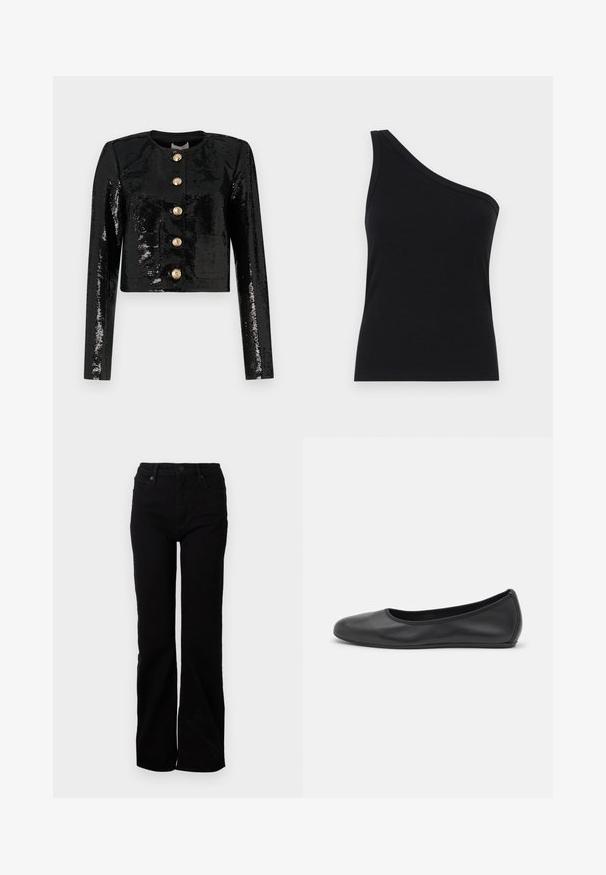 Black cropped jacket made of sequin fabric, featuring long sleeves, a round neckline, and five gold buttons along the front.; One-shoulder black ribbed tank top with a fitted design and soft texture. Features a clean, minimal cut and smooth neckline.; Black denim jeans with a straight leg design, five-pocket styling, front button closure, and subtle texture. No visible patterns or accents.; Black leather ballet flat with a rounded toe, smooth texture, minimal stitching detail, and a flexible sole design.