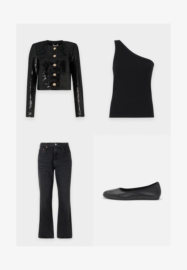 Črna skrajšana jakna iz materiala s svetlečimi bleščicami, dolge rokave, okroglo ovratnico in pet zlatih gumbov spredaj.; Črna rebrasta majica na enem ramenu s prilegajočim dizajnom in mehkobo. Ima čist, minimalen kroj in gladek izrez.; Črne razširjene kavbojke iz denima, z visokim pasom, sprednjimi žepi in medeninastimi dodatki. Gladka tekstura z minimalnim bledenjem.; Črne usnjene balerinke z zaobljenim nosom, gladko teksturo, minimalnimi šivi in fleksibilno zasnovo podplata.