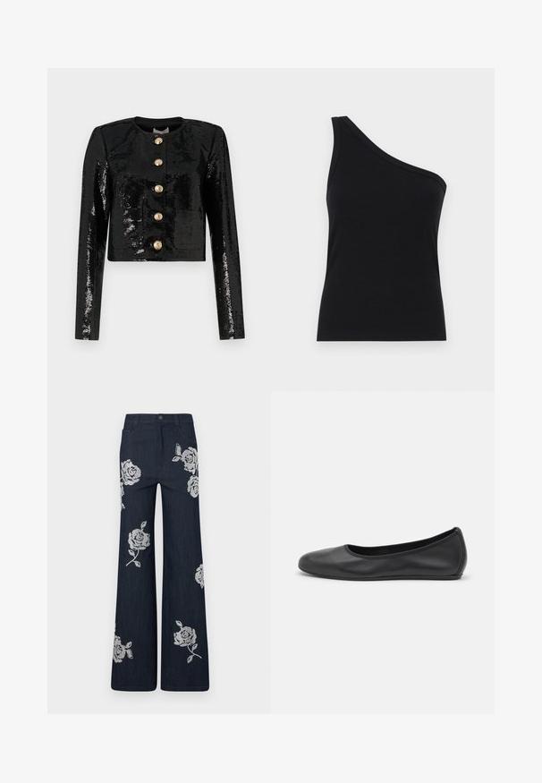 Juodas trumpas švarkas, pagamintas iš blizgučių audinio, su ilgomis rankovėmis, apvaliu kaklu ir penkiomis auksinėmis mygtukais priekyje.; Juosmens juodos spalvos ribotuvas su viena petnešėle, tinkamu dizainu ir minkšta tekstūra. Išskirtinis švarus, minimalistinis kirpimas ir sklandus iškirpimas.; Tamsiai mėlynos plačios kojos džinsinės kelnės su baltomis siuvinėtomis rožių gėlėmis. Su mygtukų uždarymu ir tradiciniu kišenių dizainu.; Juodai odiniai baletai su apvaliu pirštu, lygi texture, minimalus siuvimo detales ir lanksčiu padų dizainu.