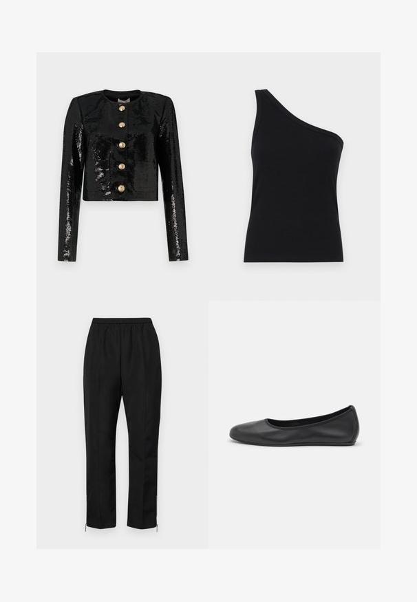 Černá zkrácená bunda z flitrového materiálu, s dlouhými rukávy, kulatým výstřihem a pěti zlatými knoflíky vpředu.; Jednobarevný černý tank top s jedním ramenem, který má přiléhavý střih a jemnou strukturu. Disponuje čistým, minimalistickým střihem a hladkým výstřihem.; Černé kalhoty s elastickým pasem, rovnými nohavicemi a zipy na kotnících. Tkanina má hladkou strukturu a minimalistický design.; Černé kožené baletní byty s kulatou špičkou, hladkou texturou, minimálními švy a flexibilním designem podrážky.
