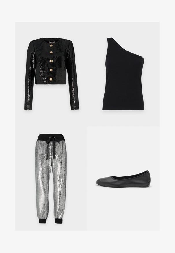 Black cropped jacket made of sequin fabric, featuring long sleeves, a round neckline, and five gold buttons along the front.; One-shoulder black ribbed tank top with a fitted design and soft texture. Features a clean, minimal cut and smooth neckline.; Silver sequin jogger pants with a black elastic waistband, drawstring, and black cuffs at the ankles for a tapered fit.; Black leather ballet flat with a rounded toe, smooth texture, minimal stitching detail, and a flexible sole design.