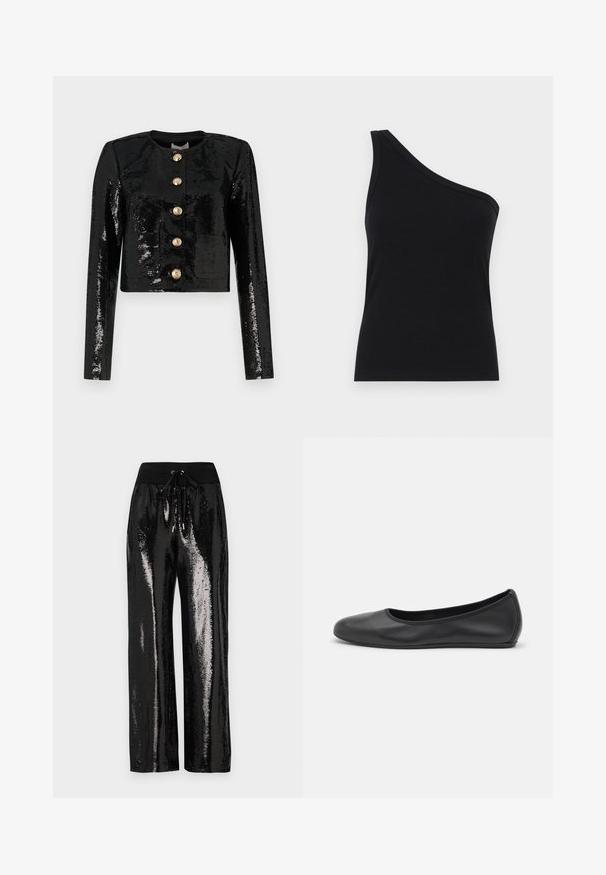 Črna skrajšana jakna iz materiala s svetlečimi bleščicami, dolge rokave, okroglo ovratnico in pet zlatih gumbov spredaj.; Črna rebrasta majica na enem ramenu s prilegajočim dizajnom in mehkobo. Ima čist, minimalen kroj in gladek izrez.; Črne bleščaste hlače s širokim krojem nogavic in elastičnim pasom, ki ima vrvico za zategovanje. Tkanina ima odsevno, sijočo teksturo.; Črne usnjene balerinke z zaobljenim nosom, gladko teksturo, minimalnimi šivi in fleksibilno zasnovo podplata.