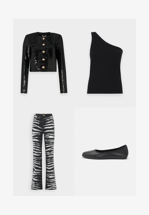 Črna skrajšana jakna iz materiala s svetlečimi bleščicami, dolge rokave, okroglo ovratnico in pet zlatih gumbov spredaj.; Črna rebrasta majica na enem ramenu s prilegajočim dizajnom in mehkobo. Ima čist, minimalen kroj in gladek izrez.; Roberto Cavalli Kavbojke na trapez - nero/bianco; Črne usnjene balerinke z zaobljenim nosom, gladko teksturo, minimalnimi šivi in fleksibilno zasnovo podplata.