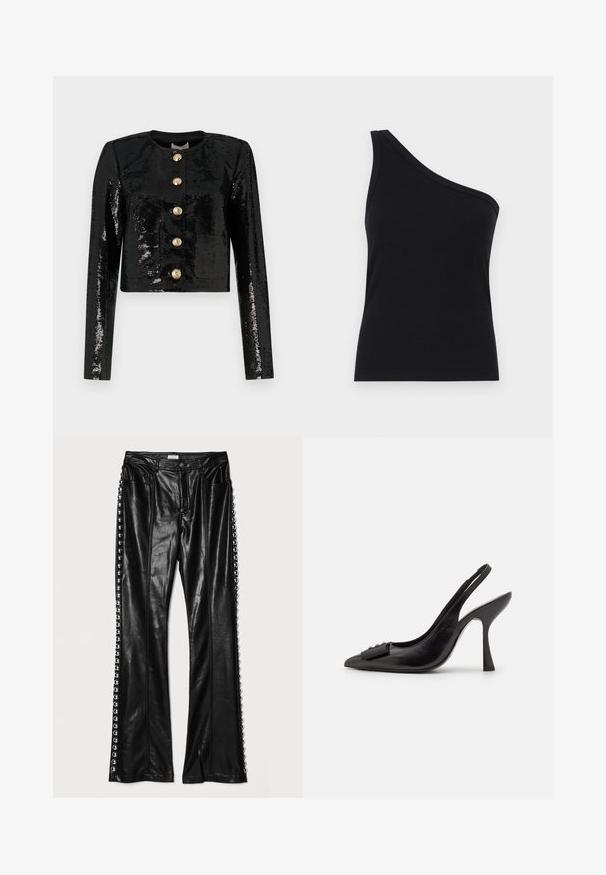 Fekete, strassz anyagból készült cropped dzseki, hosszú ujjakkal, kerek nyakkivágással és öt arany gombbal az elején.; Egyszerű, fekete, bordázott, egyvállas ujjatlan felső, testhez simuló fazonnal és puha textúrával. Tiszta, minimalista szabás és sima nyakkivágás jellemzi.; Cinq à Sept STUDDED SHAILENE PANT - Nadrágok - black; Fekete bőr pántos cipő hegyes orral, karcsú magas sarkával és dekoratív masnival. Simaság és elegáns dizájn.