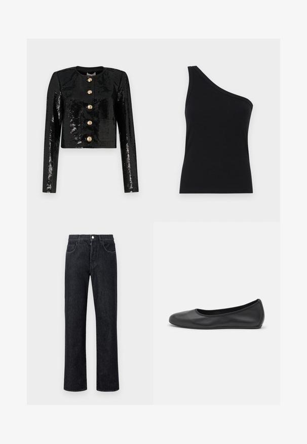 Juodas trumpas švarkas, pagamintas iš blizgučių audinio, su ilgomis rankovėmis, apvaliu kaklu ir penkiomis auksinėmis mygtukais priekyje.; Juosmens juodos spalvos ribotuvas su viena petnešėle, tinkamu dizainu ir minkšta tekstūra. Išskirtinis švarus, minimalistinis kirpimas ir sklandus iškirpimas.; Juodos džinsinės kelnės tiesiomis kojomis, turinčios penkias kišenes, priekinį mygtuko užsegimą ir kontrastingas siūles palei siūles.; Juodai odiniai baletai su apvaliu pirštu, lygi texture, minimalus siuvimo detales ir lanksčiu padų dizainu.