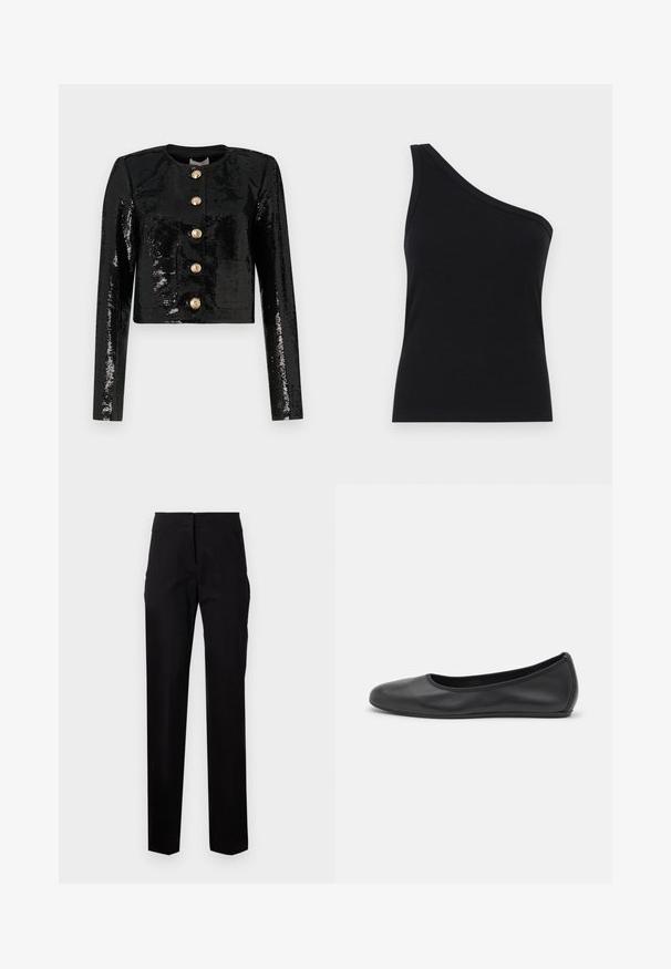 Must have sequins, pikk, must, ndideln . teev Ühesse musta vest, mis on kaetud sädelustega, on pikkade varrukatega, ümar kaelus ning ees viis kuldset nuppu.; Ühe õla must ribakanga tank top, millel on vormikujundus ja pehme tekstuur. Omab puhtat, minimalistlikku lõiget ja sujuvat kaelust.; Mustad mustriga püksid sirge lõikega, tasasel esiküljel, vöölõngad ja küljetaskud. Sile kangas minimaalsete õmblusdetailidega.; Musthave mustika tantsutossud mustast nahast, ümmarguse varbaga, siledast tekstuurist, minimaalse õmblusdetailiga ja paindliku tallakujundusega.