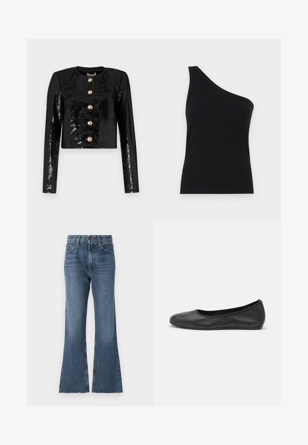 Veste courte noire en tissu à sequins, avec des manches longues, un col rond et cinq boutons dorés sur le devant.; Débardeur noir à côtes à une épaule, avec un design ajusté et une texture douce. Présente une coupe épurée et minimale ainsi qu'un col lisse.; Jean flare en denim de lavage bleu moyen avec une taille haute, présentant un style traditionnel à cinq poches et un ourlet effiloché en bas.; Ballerines en cuir noir avec un bout rond, texture lisse, détails de couture minimalistes et design de semelle flexible.
