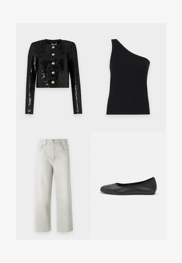Čierna skrátená bunda vyrobená z flitrového materiálu, s dlhými rukávmi, okrúhlym výstrihom a piatimi zlatými gombíkmi na prednej strane.; Čierny rebrovaný top na jedno rameno s priliehavým strihom a jemnou textúrou. Obsahuje čistý, minimalistický strih a hladký výstrih.; Svetlo šedé široké džínsy vyrobené z denimu, s vysokým pásom, prednými vreckami a zapínaním na gombík a zips.; Čierne kožené baleríny s okrúhlou špičkou, hladkým povrchom, minimálnym prešívaním a flexibilným dizajnom podrážky.