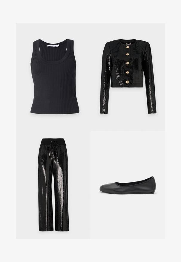 Black cropped jacket made of sequin fabric, featuring long sleeves, a round neckline, and five gold buttons along the front.; Black ribbed tank top featuring a round neckline and wide shoulder straps, made of soft, stretchy fabric, with a fitted silhouette.; Black sequined pants with a wide-leg cut and elastic waistband featuring a drawstring. The fabric has a reflective, shiny texture.; Black leather ballet flat with a rounded toe, smooth texture, minimal stitching detail, and a flexible sole design.
